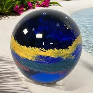 Vtg Crystal Glass Paperweight Dark Blue Sky Starry Night Bubble Glasswork